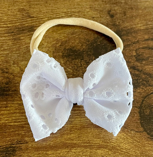 White Eyelet Newborn Bow