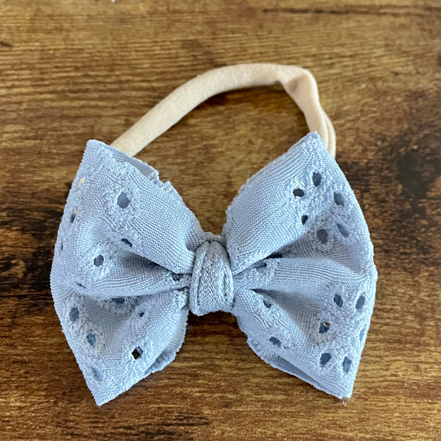 Stone Blue Eyelet Newborn Bow